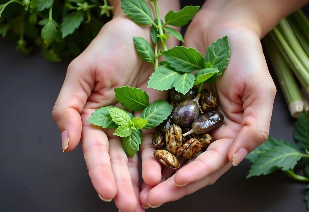 Mani che tengono erbe fresche, simboleggiando ingredienti naturali e benessere